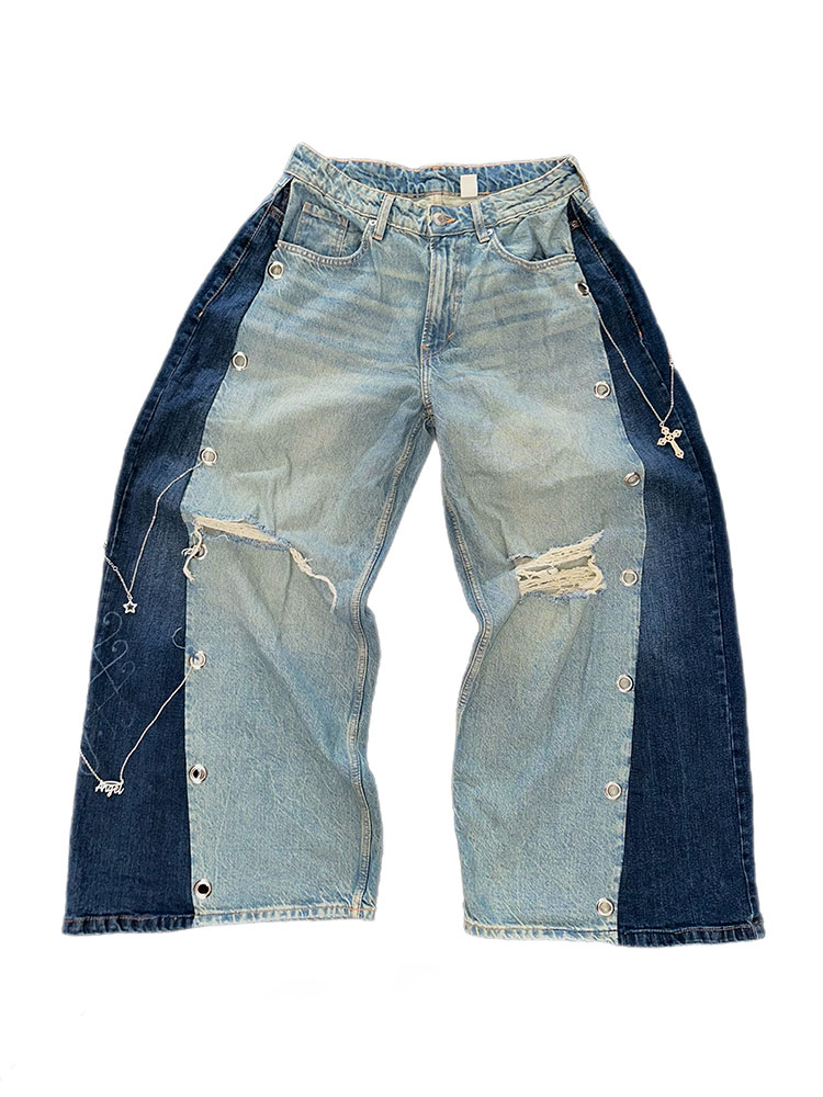 One-off denim jeans handmade with double-denim side panel