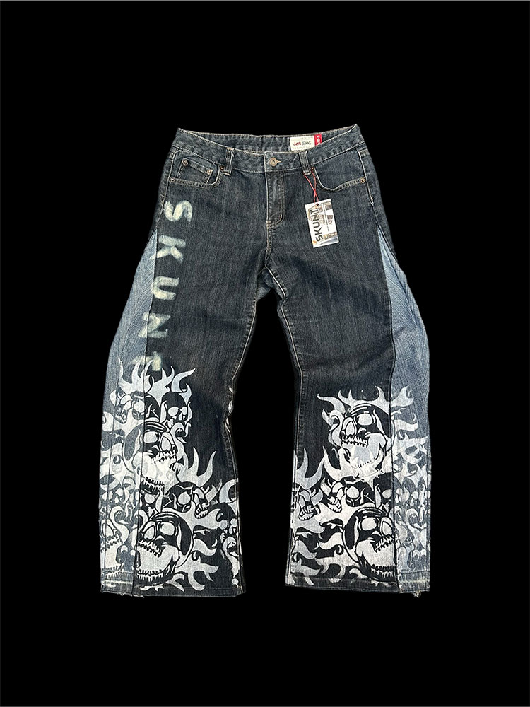 unique one-off reworked denim jeans with skulls